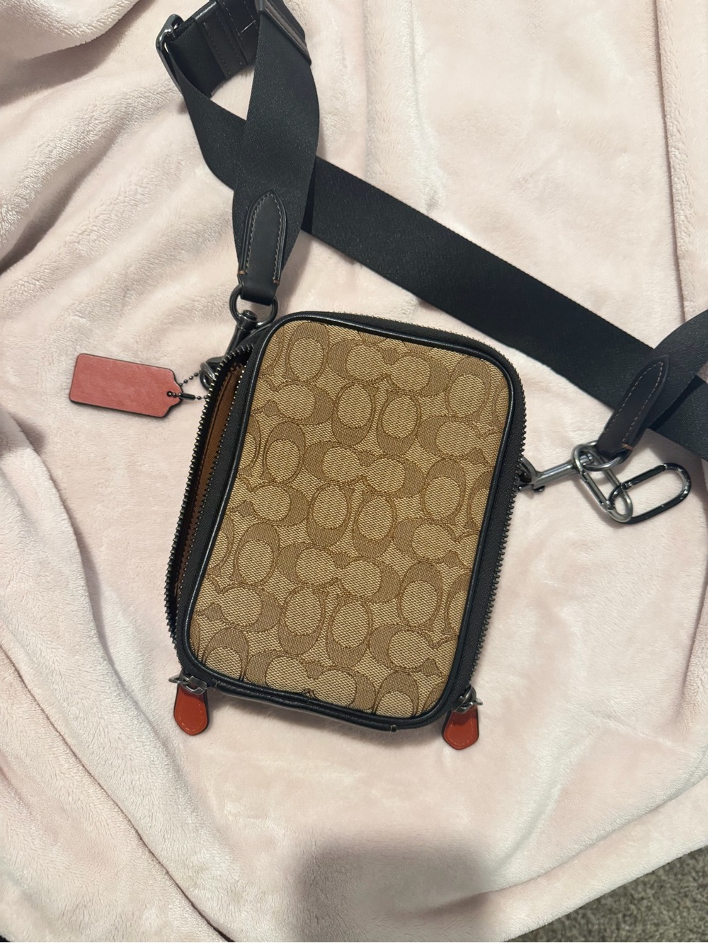 Coach Tan Signature Canvas Belt Bag with Black Strap and Red Tag